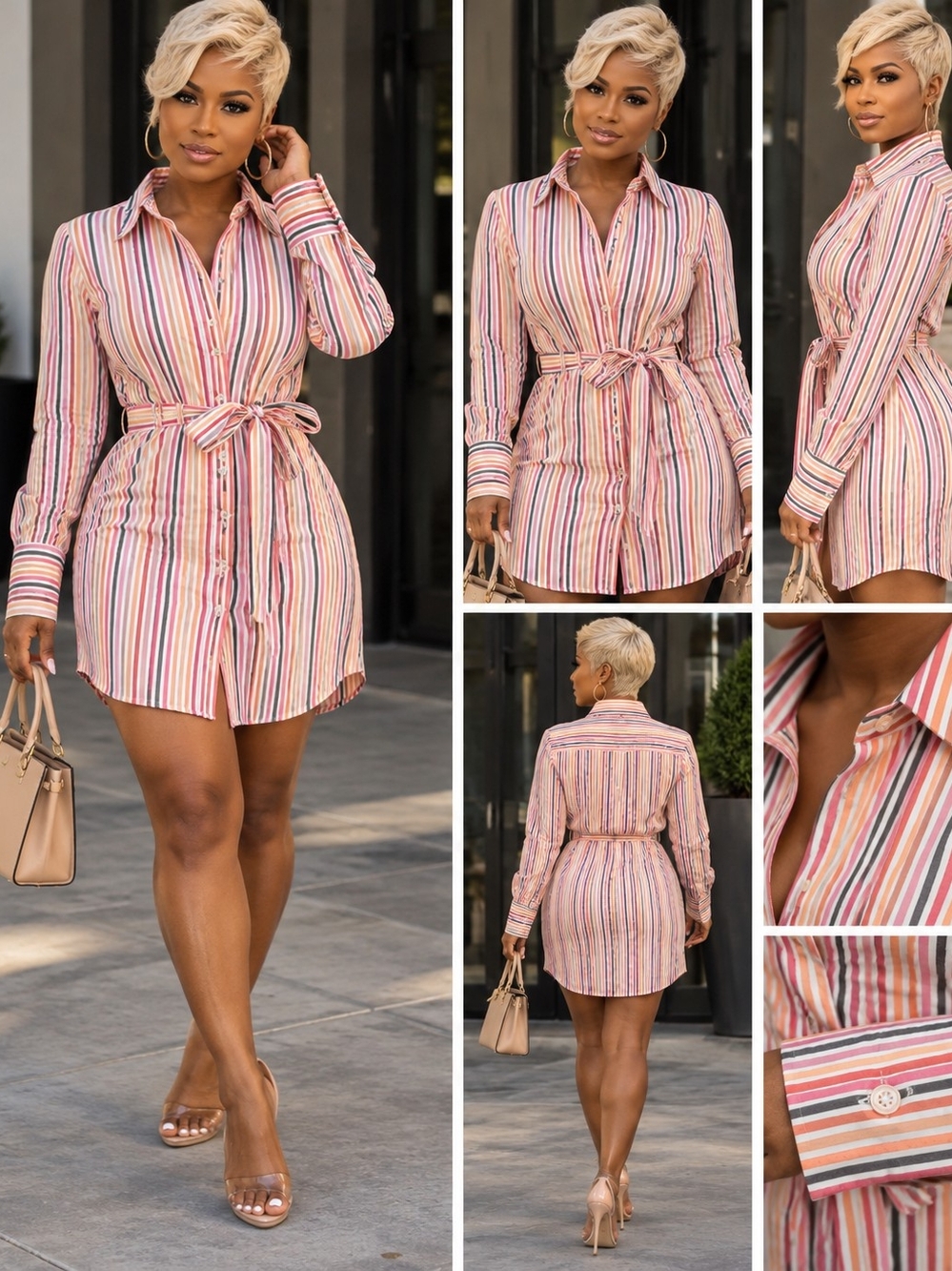 Calvin Klein Pink Multi-Stripe Long Sleeve Shirt Dress